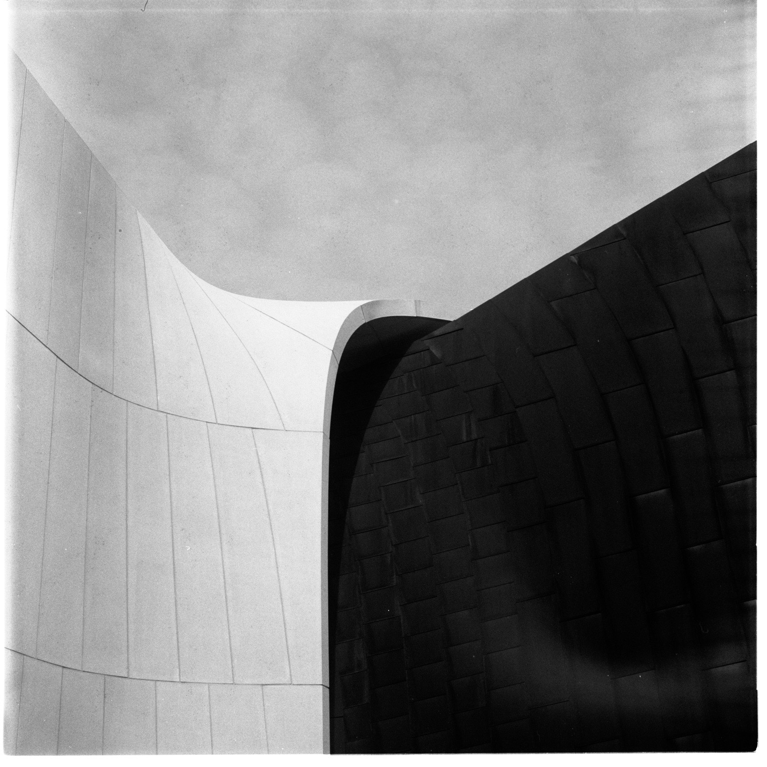 Curving light and dark architectural walls against an open sky
